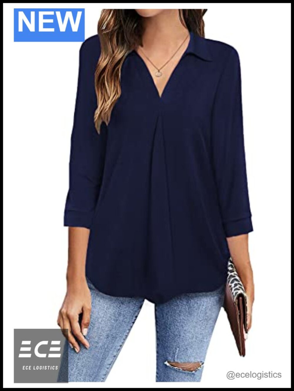 Womens 3/4 Sleeve V-Neck Pleated Business Casual Blouse Loose Fit